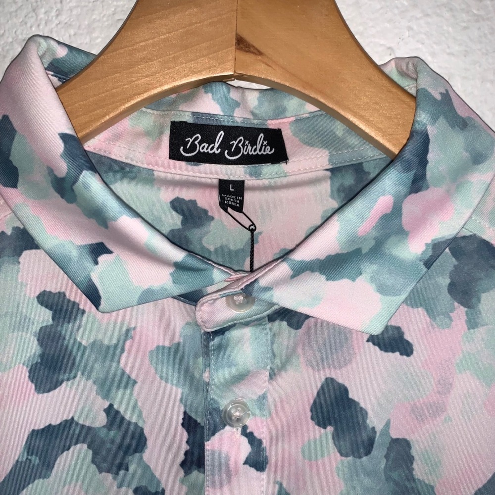 Bad Birdie‎ Mens Golf Polo Shirt Pink Mint Blue Watercolor Camo Size Large NWT - Picture 2 of 5